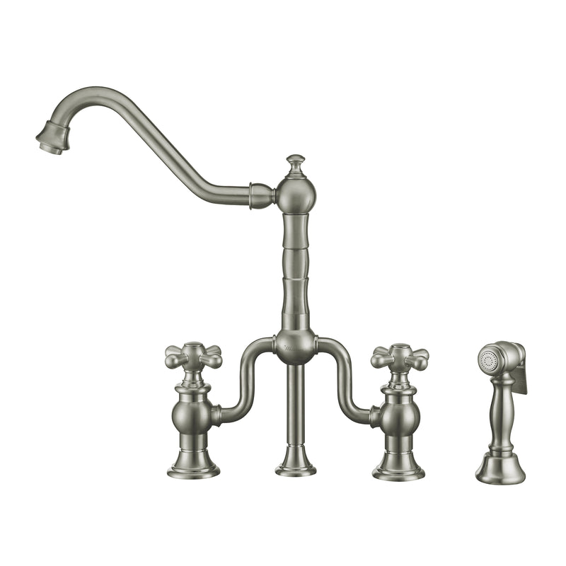 Whitehaus Twisthaus Plus Bridge Faucet with Long Traditional Swivel Spout, Cross Handles and Solid Brass Side Spray