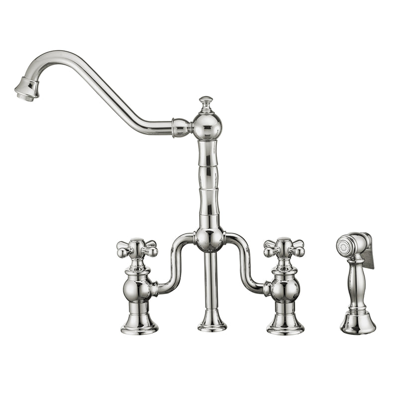 Whitehaus Twisthaus Plus Bridge Faucet with Long Traditional Swivel Spout, Cross Handles and Solid Brass Side Spray