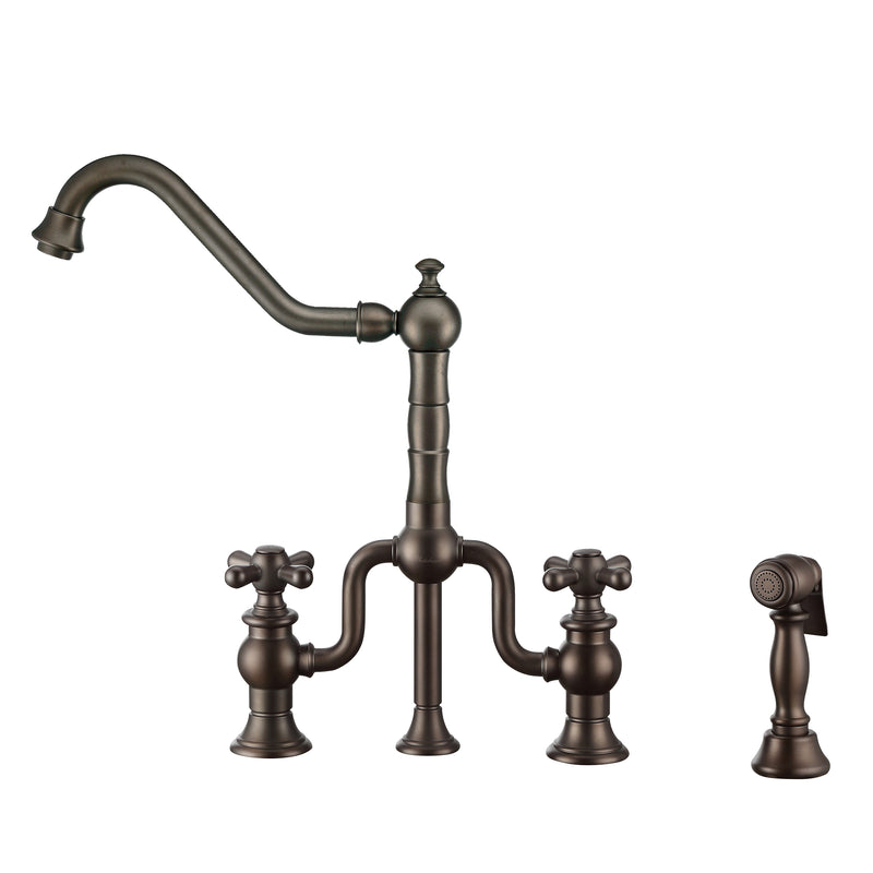 Whitehaus Twisthaus Plus Bridge Faucet with Long Traditional Swivel Spout, Cross Handles and Solid Brass Side Spray