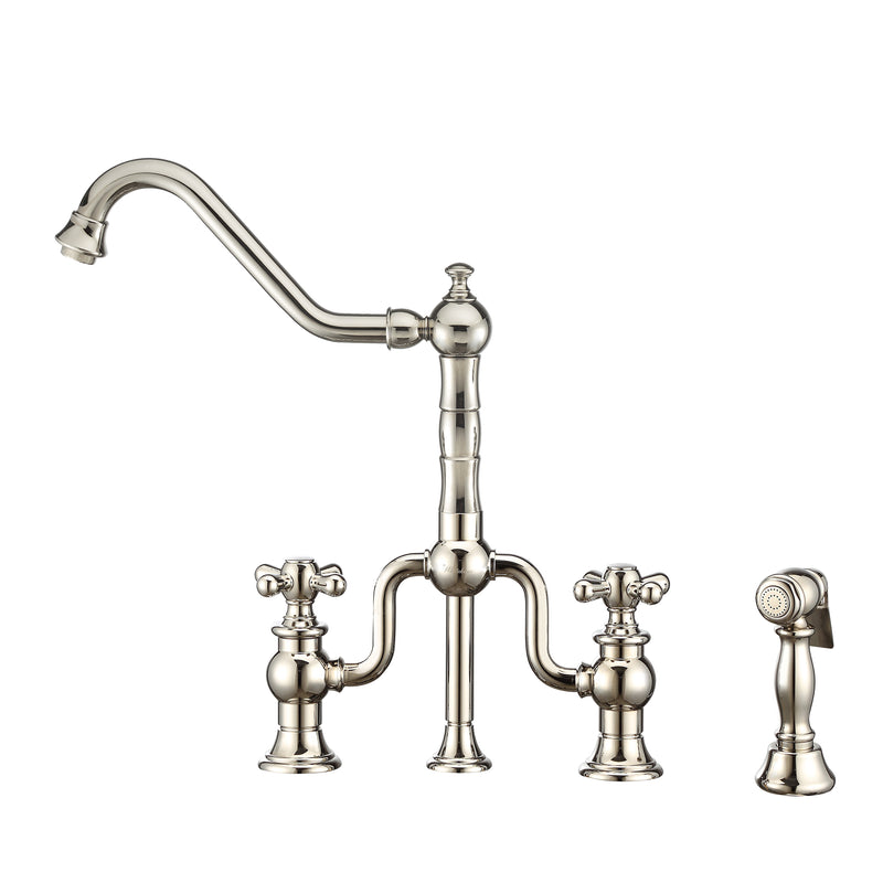 Whitehaus Twisthaus Plus Bridge Faucet with Long Traditional Swivel Spout, Cross Handles and Solid Brass Side Spray