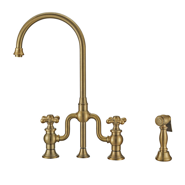 Whitehaus Twisthaus Plus Bridge Faucet with Gooseneck Swivel Spout, Cross Handles and Solid Brass Side Spray