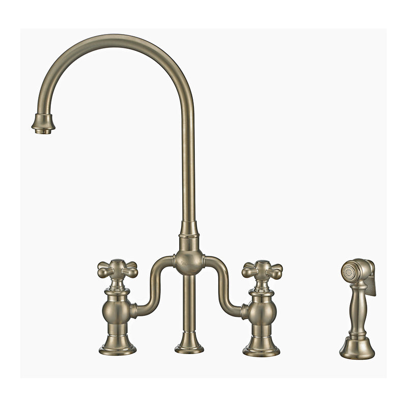 Whitehaus Twisthaus Plus Bridge Faucet with Gooseneck Swivel Spout, Cross Handles and Solid Brass Side Spray