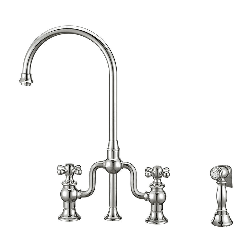 Whitehaus Twisthaus Plus Bridge Faucet with Gooseneck Swivel Spout, Cross Handles and Solid Brass Side Spray