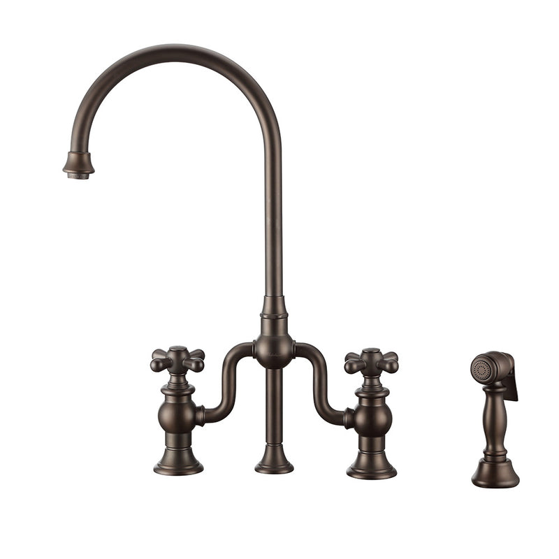 Whitehaus Twisthaus Plus Bridge Faucet with Gooseneck Swivel Spout, Cross Handles and Solid Brass Side Spray