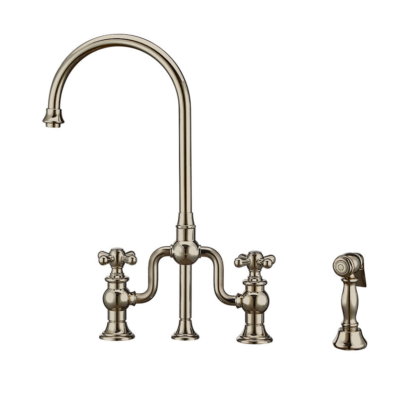 Whitehaus Twisthaus Plus Bridge Faucet with Gooseneck Swivel Spout, Cross Handles and Solid Brass Side Spray