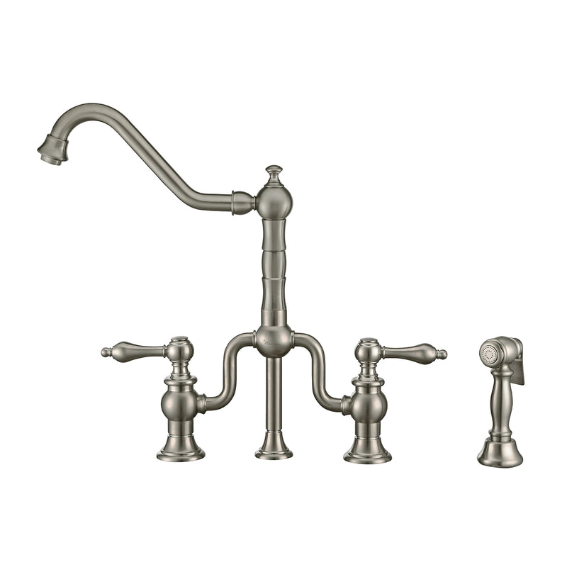 Whitehaus Twisthaus Plus Bridge Faucet with Long Traditional Swivel Spout, Lever Handles and Solid Brass Side Spray