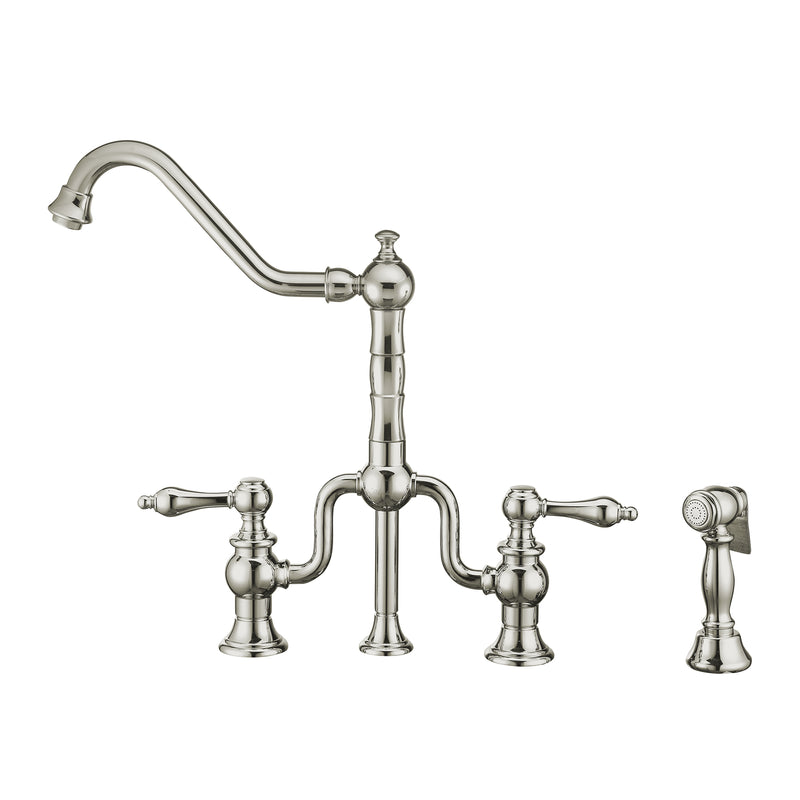 Whitehaus Twisthaus Plus Bridge Faucet with Long Traditional Swivel Spout, Lever Handles and Solid Brass Side Spray