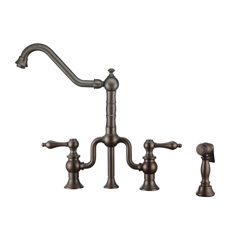 Whitehaus Twisthaus Plus Bridge Faucet with Long Traditional Swivel Spout, Lever Handles and Solid Brass Side Spray