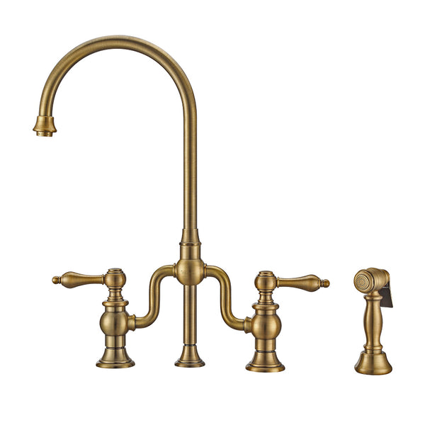 Whitehaus Twisthaus Plus Bridge Faucet with Gooseneck Swivel Spout, Lever Handles and Solid Brass Side Spray