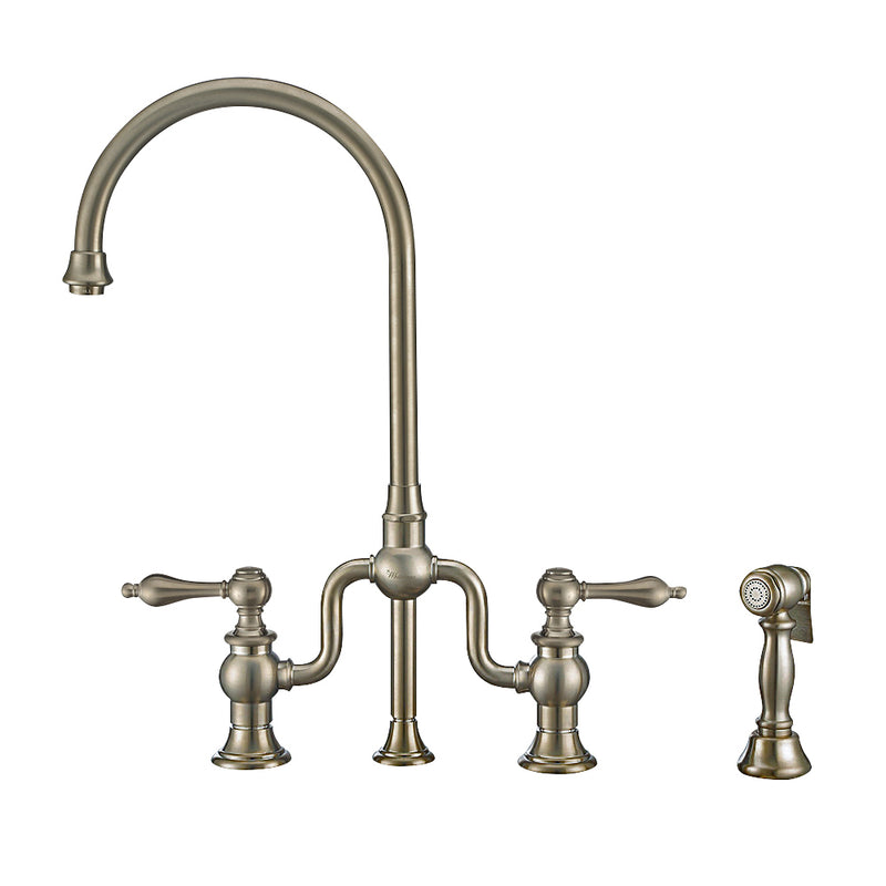 Whitehaus Twisthaus Plus Bridge Faucet with Gooseneck Swivel Spout, Lever Handles and Solid Brass Side Spray