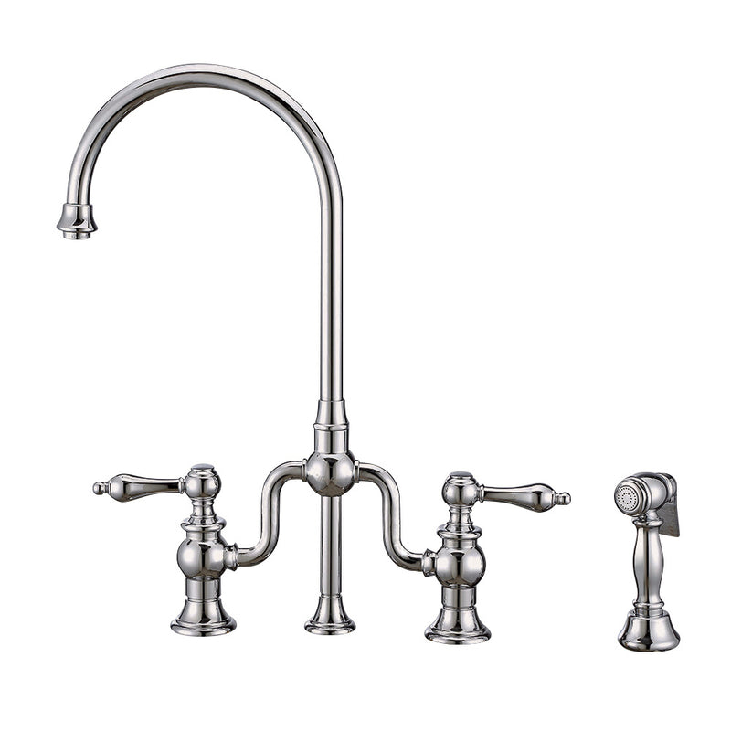 Whitehaus Twisthaus Plus Bridge Faucet with Gooseneck Swivel Spout, Lever Handles and Solid Brass Side Spray