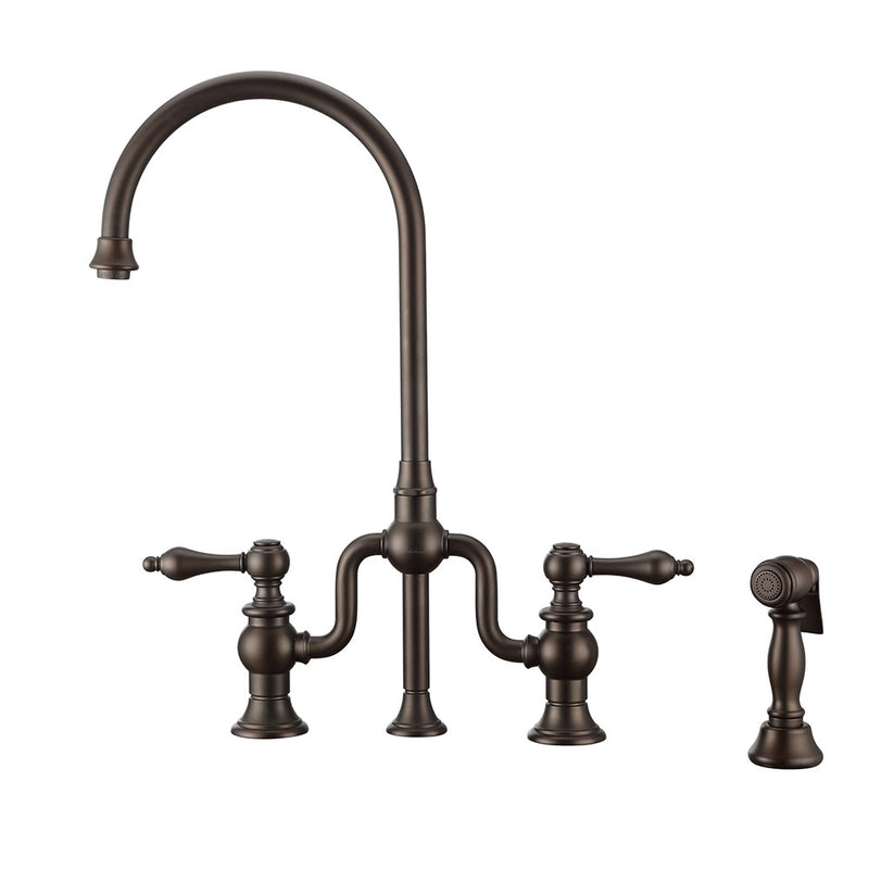 Whitehaus Twisthaus Plus Bridge Faucet with Gooseneck Swivel Spout, Lever Handles and Solid Brass Side Spray