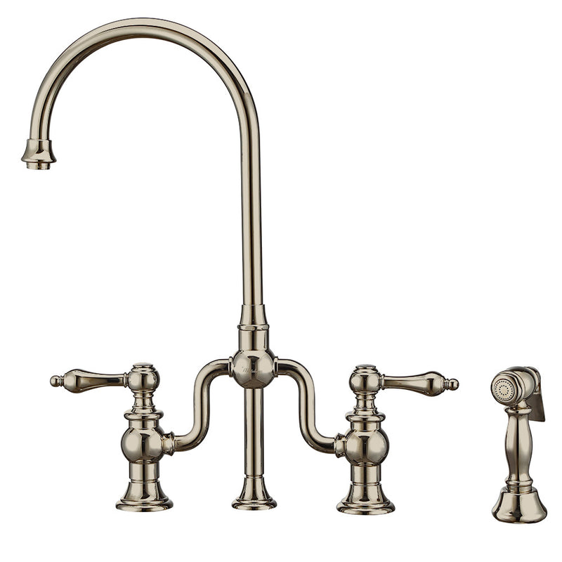 Whitehaus Twisthaus Plus Bridge Faucet with Gooseneck Swivel Spout, Lever Handles and Solid Brass Side Spray