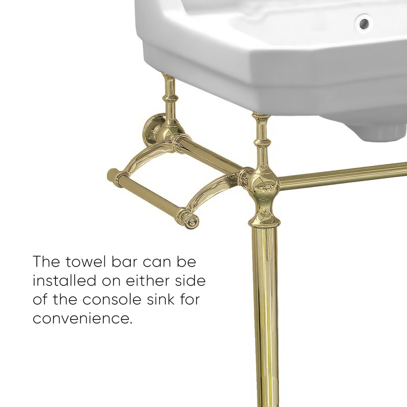 Whitehaus Victoriahaus console with integrated rectangular bowl with single hole drill, Polished Brass leg support, interchangable towel bar, backsplash and overflow