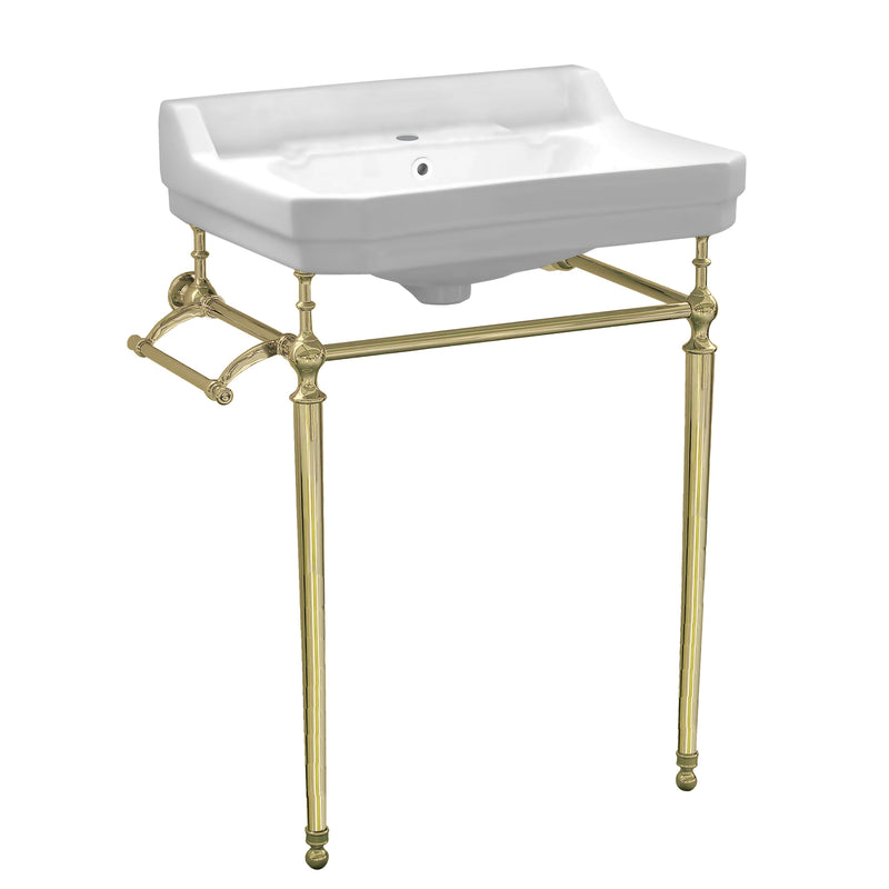 Whitehaus Victoriahaus console with integrated rectangular bowl with single hole drill, Polished Brass leg support, interchangable towel bar, backsplash and overflow