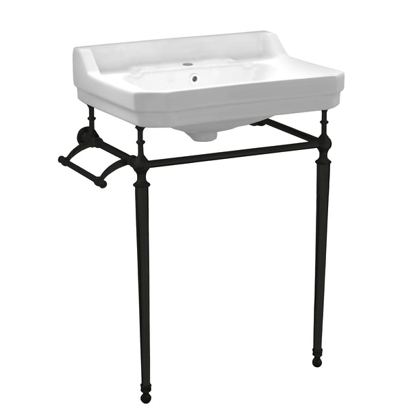 Whitehaus Victoriahaus rectangular basin china console with single hole faucet drill,  matte black leg supports with towel bar, backsplash, and overflow