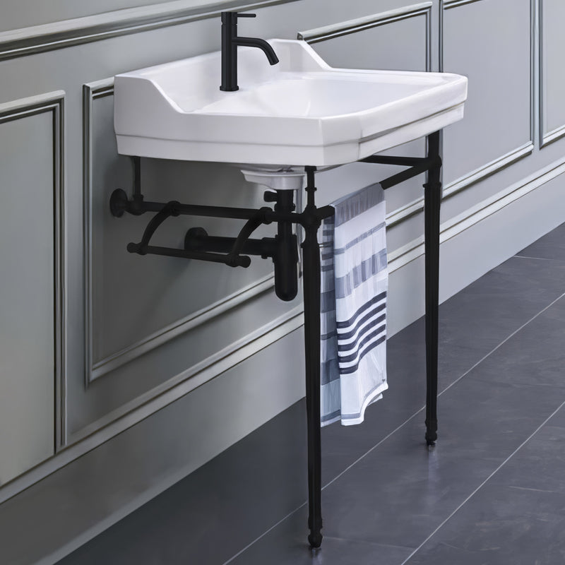 Whitehaus Victoriahaus rectangular basin china console with single hole faucet drill,  matte black leg supports with towel bar, backsplash, and overflow