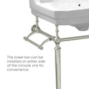 Whitehaus Victoriahaus console with integrated rectangular bowl with single hole drill, Polished Nickel leg support, interchangable towel bar, backsplash and overflow