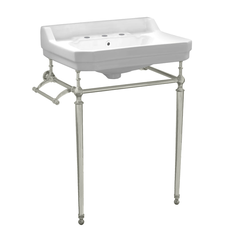 Whitehaus Victoriahaus console with integrated rectangular bowl with widespread hole drill, Brushed Nickel leg support, interchangable towel bar, backsplash and overflow