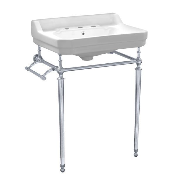 Whitehaus Victoriahaus console with integrated rectangular bowl with widespread hole drill, polished chrome leg support, interchangable towel bar, backsplash and overflow