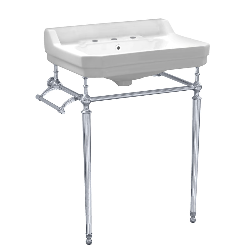 Whitehaus Victoriahaus console with integrated rectangular bowl with widespread hole drill, polished chrome leg support, interchangable towel bar, backsplash and overflow