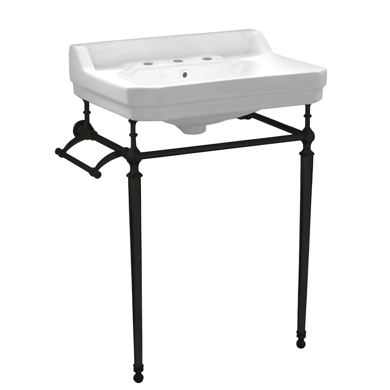 Whitehaus Victoriahaus rectangular basin china console with widespread hole faucet drill,  matte black leg supports with towel bar, backsplash, and overflow