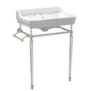 Whitehaus Victoriahaus console with integrated rectangular bowl with widespread hole drill, Polished Nickel leg support, interchangable towel bar, backsplash and overflow