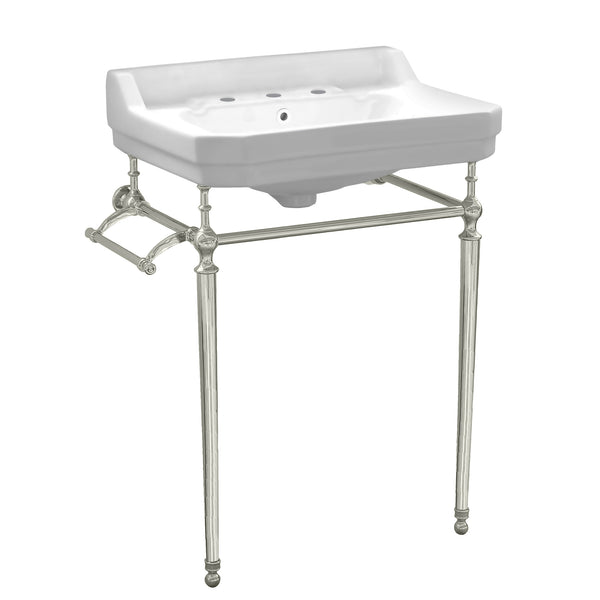 Whitehaus Victoriahaus console with integrated rectangular bowl with widespread hole drill, Polished Nickel leg support, interchangable towel bar, backsplash and overflow