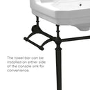 Whitehaus Victoriahaus rectangular basin china console with widespread hole faucet drill,  matte black leg supports with towel bar, backsplash, and overflow