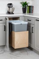 Double 50 Quart Wood Bottom-Mount Soft-close Trashcan Rollout for Hinged Doors, Includes Two Grey Cans