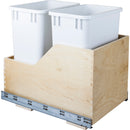 Double 35 Quart Wood Bottom-Mount Soft-close Trashcan Rollout for Hinged Doors, Includes Two White Cans
