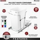 REV A SHELF : Chrome Steel Single 35 qt. Black Waste Pullout w/ Detachable Storage Basket