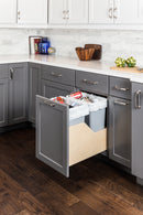 Double 35 Quart Wood Bottom-Mount Soft-close Trashcan Rollout for Door Mounting, Includes Two Grey Cans