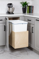 Double 50 Quart Wood Bottom-Mount Soft-close Trashcan Rollout for Hinged Doors, Includes Two White Cans