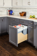 Double 35 Quart Wood Bottom-Mount Soft-close Trashcan Rollout for Door Mounting, Includes Two Grey Cans