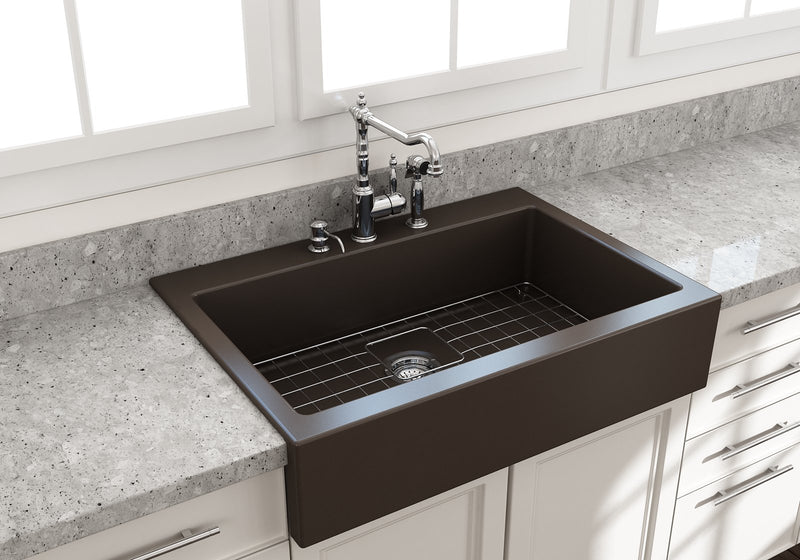 NUOVA 34 Farmhouse Short Apron Front Fireclay 34" Single Bowl Kitchen Sink for easy Retro-Fit