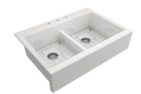 NUOVA 34D Farmhouse Short Apron Front Fireclay 34" Double Bowl Kitchen Sink for easy Retro-Fit