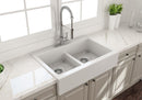 NUOVA 34D Farmhouse Short Apron Front Fireclay 34" Double Bowl Kitchen Sink for easy Retro-Fit