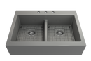 NUOVA 34D Farmhouse Short Apron Front Fireclay 34" Double Bowl Kitchen Sink for easy Retro-Fit