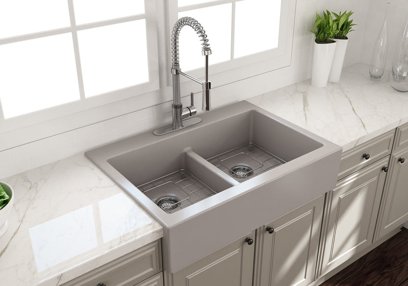NUOVA 34D Farmhouse Short Apron Front Fireclay 34" Double Bowl Kitchen Sink for easy Retro-Fit