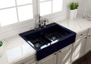 NUOVA 34D Farmhouse Short Apron Front Fireclay 34" Double Bowl Kitchen Sink for easy Retro-Fit