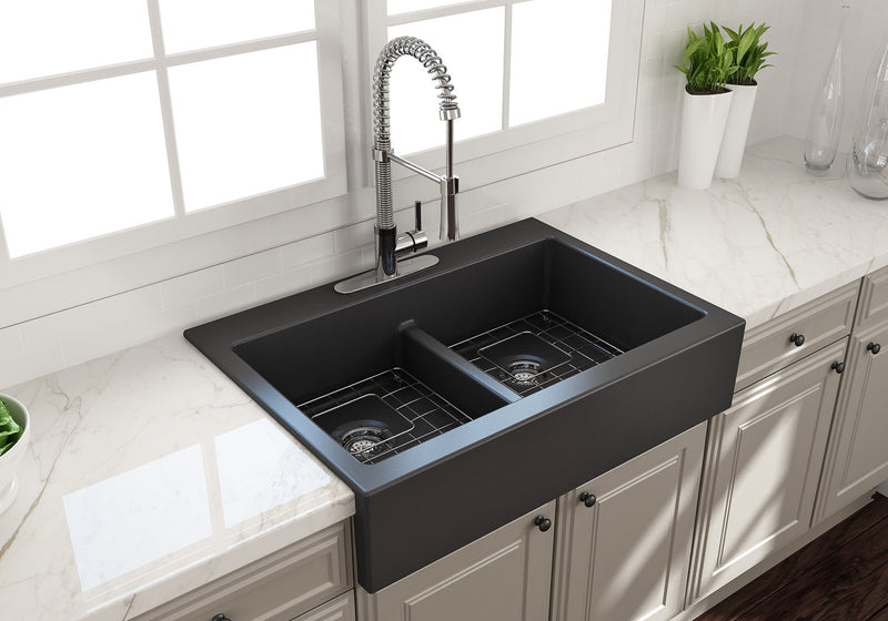 NUOVA 34D Farmhouse Short Apron Front Fireclay 34" Double Bowl Kitchen Sink for easy Retro-Fit