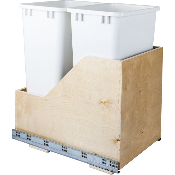 Double 50 Quart Wood Bottom-Mount Soft-close Trashcan Rollout for Hinged Doors, Includes Two White Cans