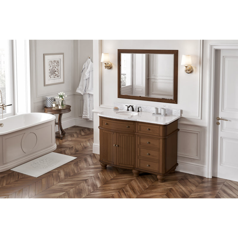 48" Walnut Compton Vanity, Compton-only White Carrara Marble Vanity Top, undermount oval bowl