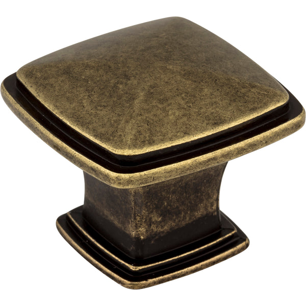 1-3/16" Overall Length Lightly Distressed Antique Brass Square Milan 1 Cabinet Knob