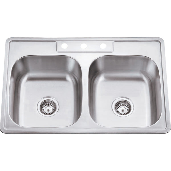 910-1:  33" L x 22" W x 9" D Drop-In 20 Gauge Stainless Steel 50/50 Double Bowl Sink