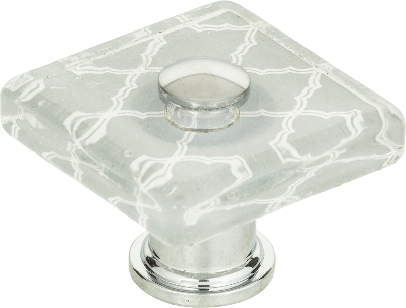 Quatrefoil Glass Square Knob 1 1/2 Inch Polished Chrome