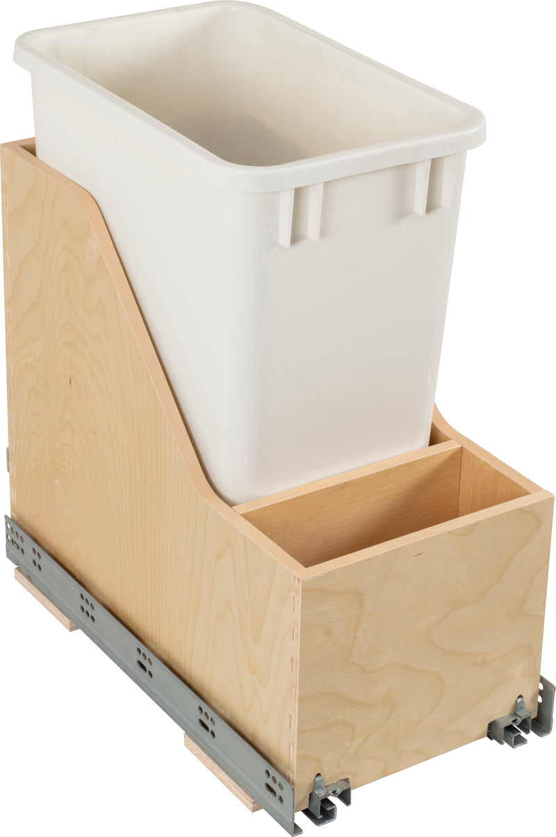 Single 35 Quart Wood Bottom-Mount Soft-close Vanity Trashcan Rollout for Hinged Doors, Includes One White Can