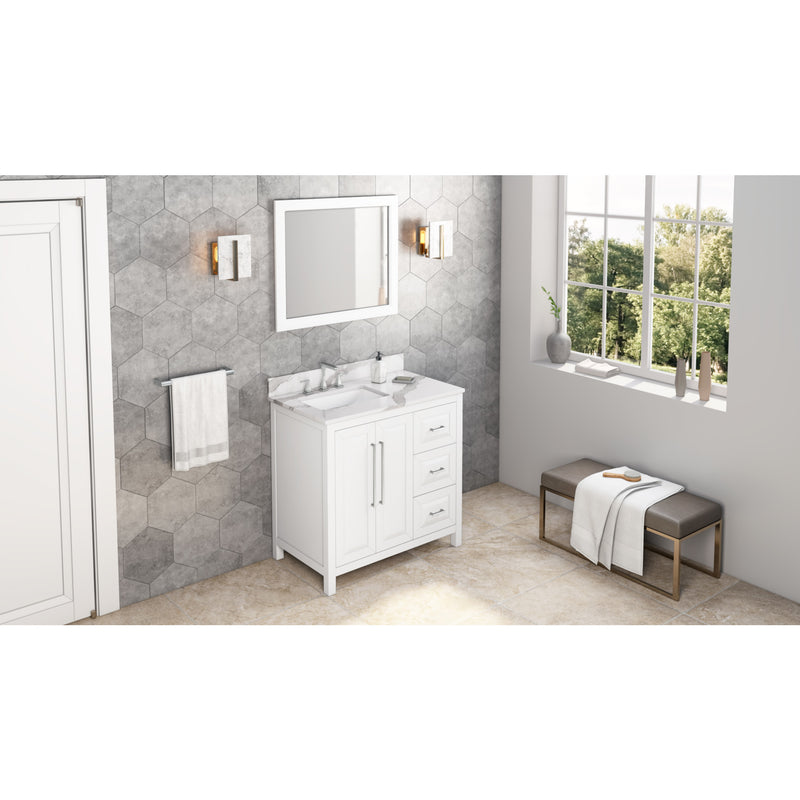 36" White Cade Vanity, left offset, Calacatta Vienna Quartz Vanity Top, undermount rectangle bowl