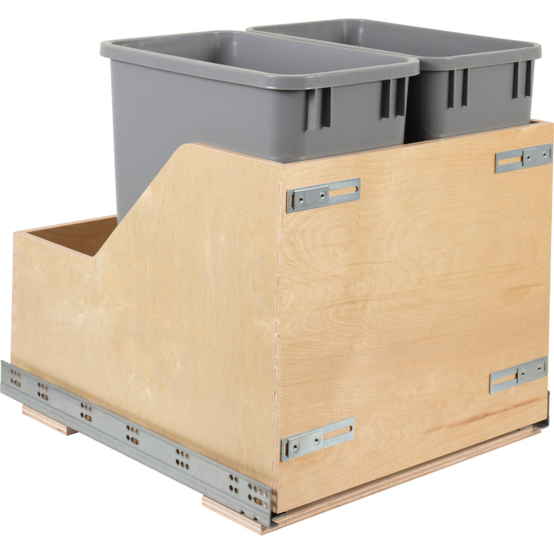 Double 35 Quart Wood Bottom-Mount Soft-close Trashcan Rollout for Door Mounting, Includes Two Grey Cans and Door Joining Bracket